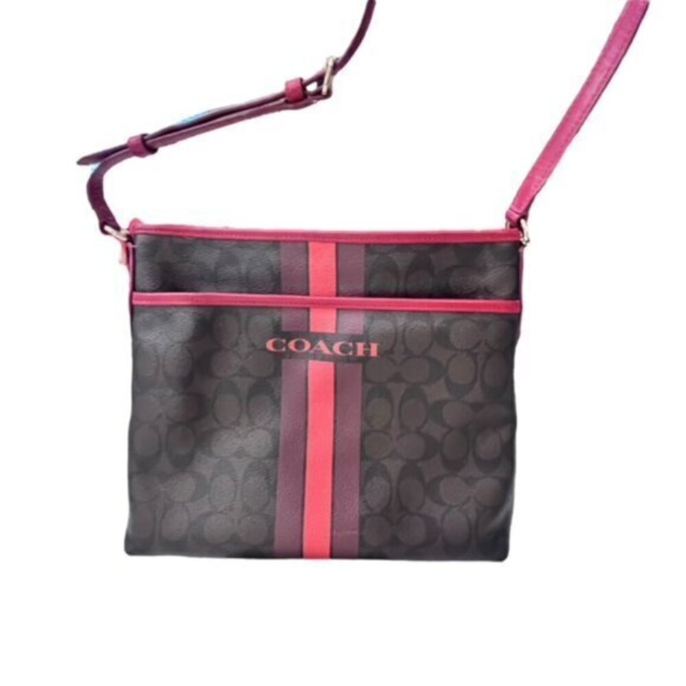 🎉SALE🎉 COACH Signature Varsity Stripe Crossbody Bag Brown Red‎ PVC - Picture 4 of 16